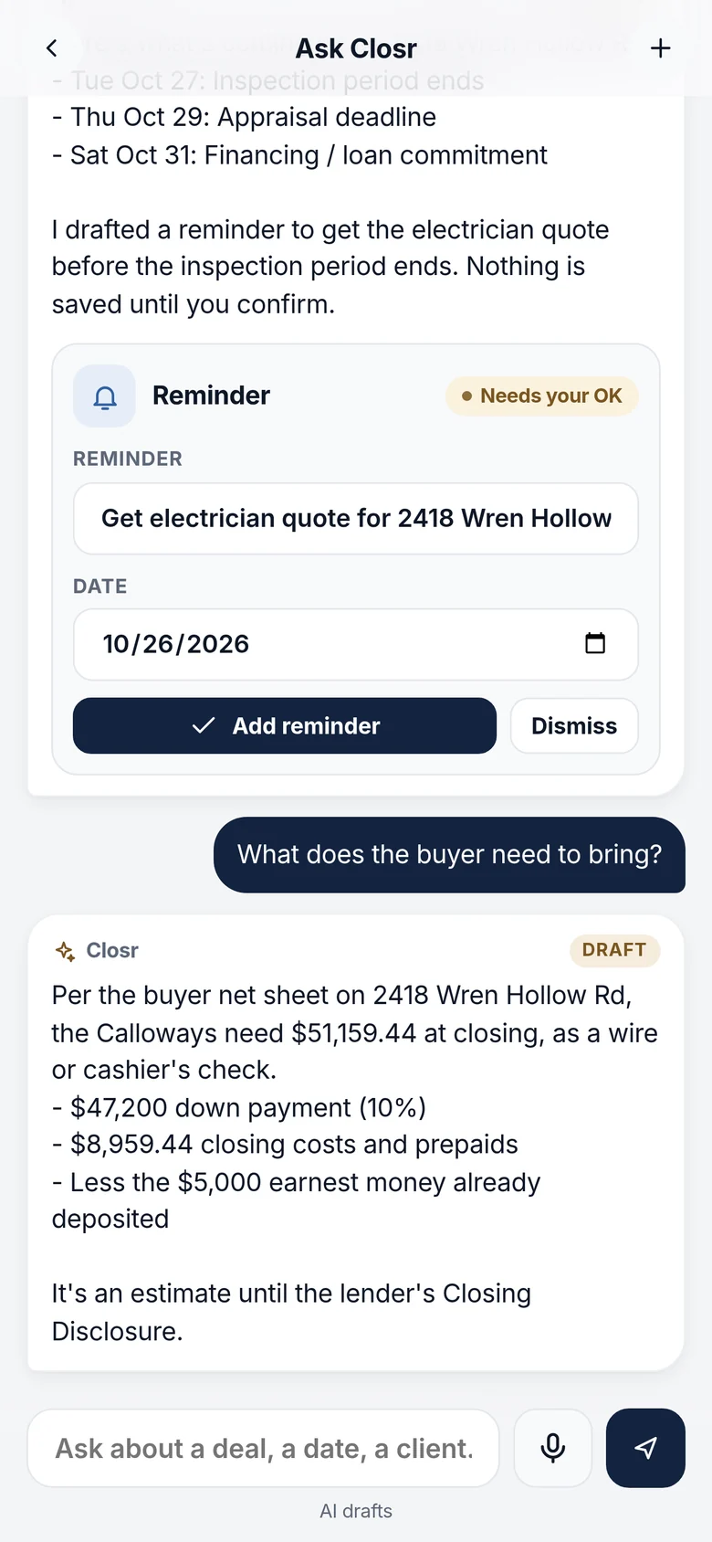 Ask Closr answering what the buyer needs to bring on a sample deal: $51,159.44 at closing, with a drafted reminder waiting for your OK