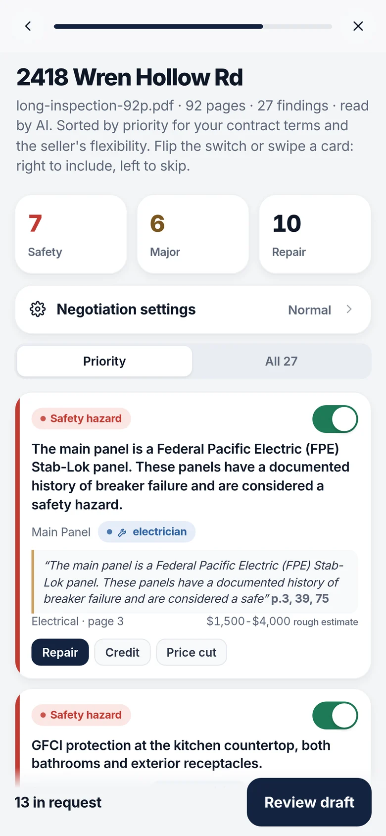 Inspection results for 2418 Wren Hollow Rd: 27 findings read by AI from a 92-page sample report, with 7 safety, 6 major and 10 repair tiles and the first safety card