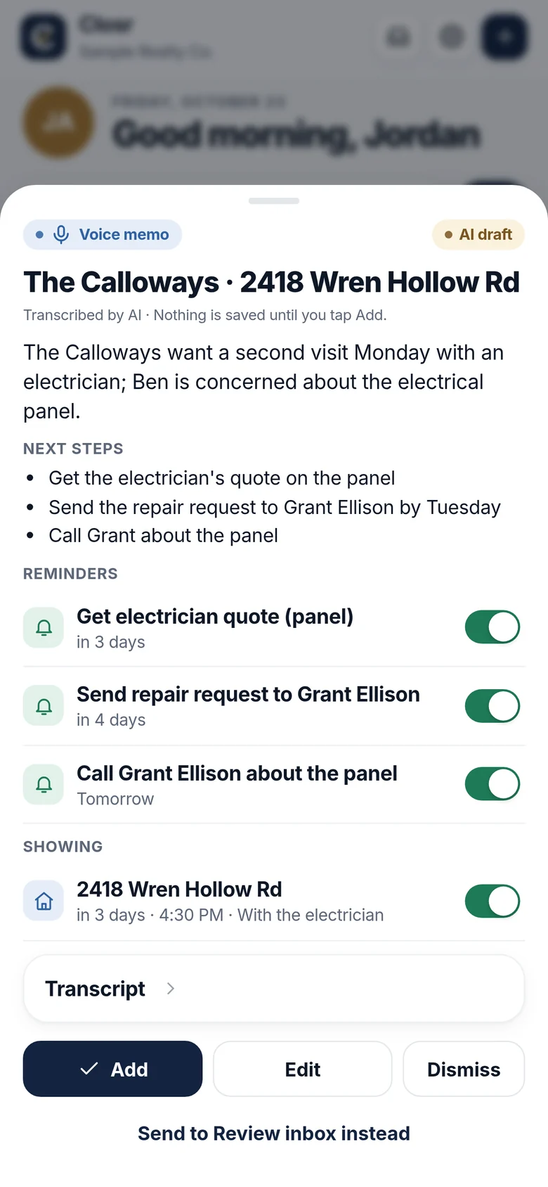 Voice memo review sheet: an AI summary, next steps, three reminders and a showing, each with a switch