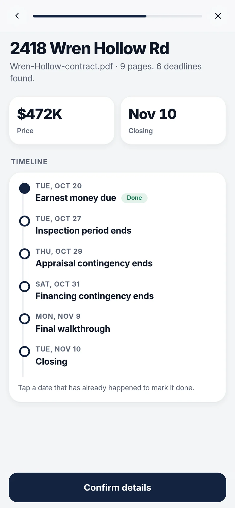 Contract timeline for 2418 Wren Hollow Rd: price, closing date and six deadlines from earnest money to closing