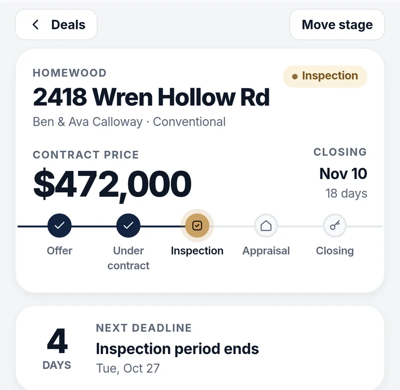 Deal hub for 2418 Wren Hollow Rd: contract price, stage tracker and closing date
