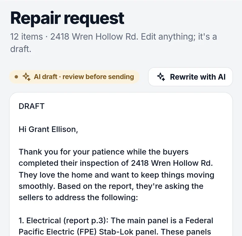AI repair request draft marked review before sending