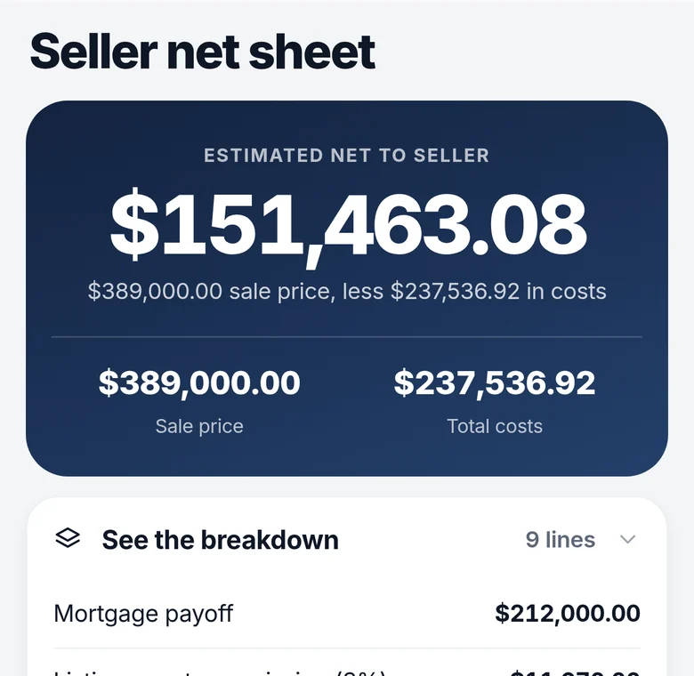 Seller net sheet estimate for a sample deal